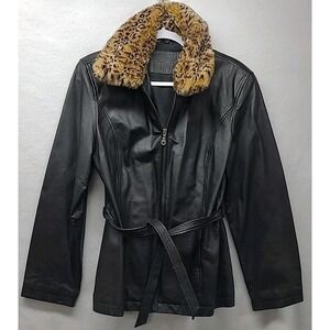 Jaqueline Ferrar Leather Jacket with Removable Faux Cheetah‎ Collar Size M
